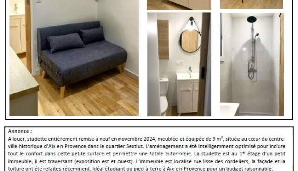 Logement �tudiant Studio &agrave; Aix en Provence (13100)