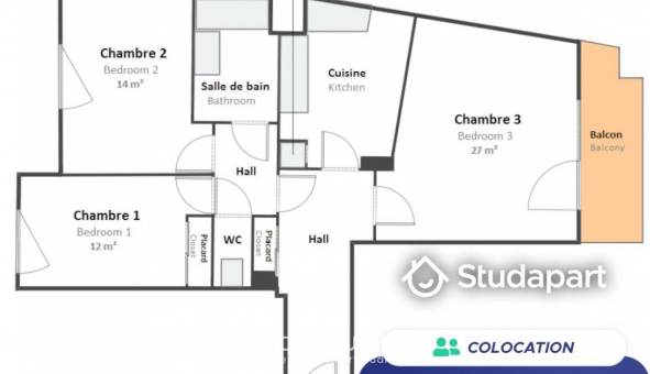 Colocation tudiante T1 à Lyon 3me arrondissement (69003)