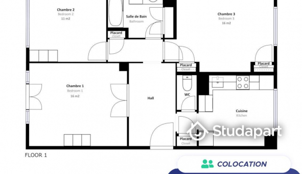 Colocation tudiante Duplex à Lyon 3me arrondissement (69003)