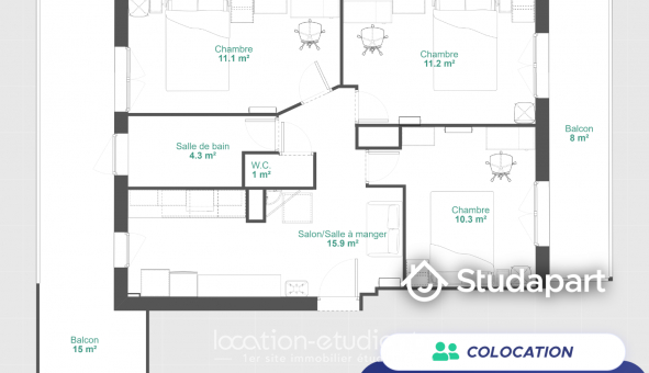 Colocation tudiante Chambre dans une colocation de 11m2