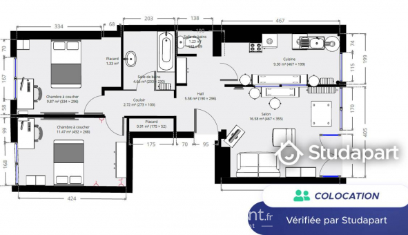 Colocation �tudiante Studio &agrave; Nantes (44200)