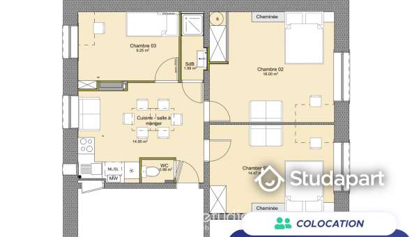 Colocation tudiante T4 à Orlinas (69530)