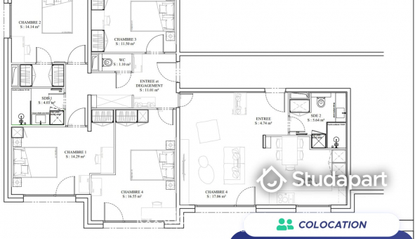 Colocation étudiante T5 à Lyon 8ème arrondissement (69008)